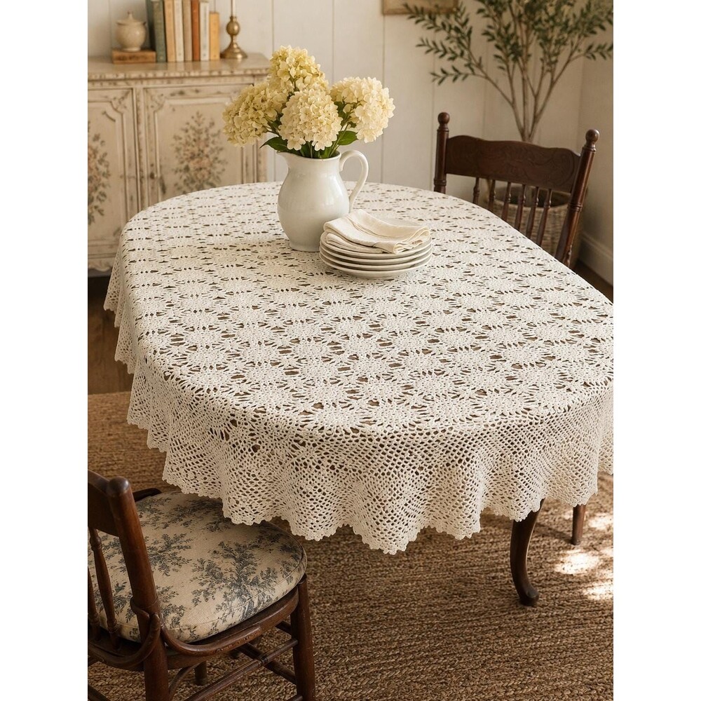 Vintage Crocheted Lace Oval Table Cloth Cream Colored Scalloped Edges 77x55